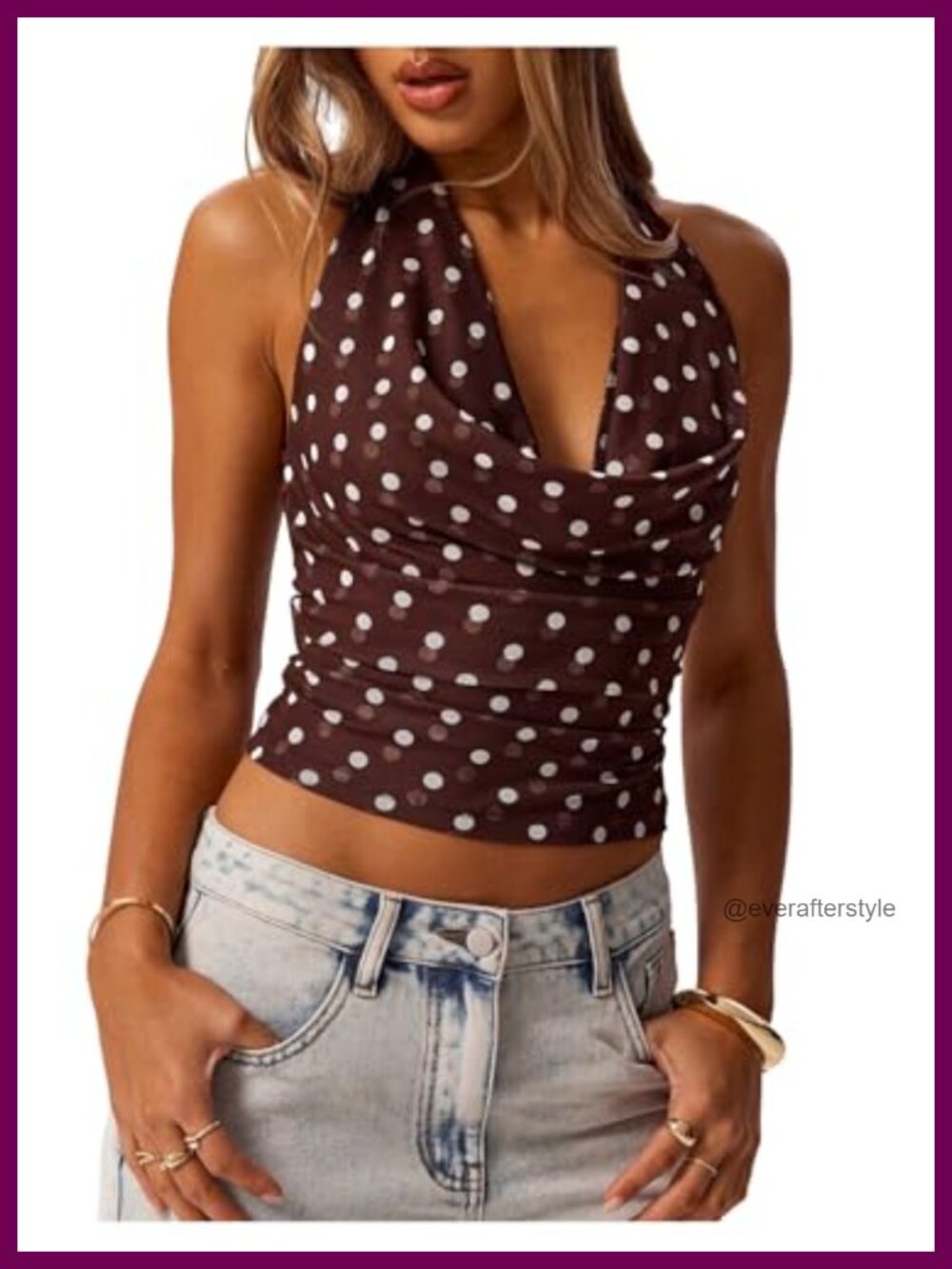 Polka Dots Halter Top Cowl Neck Going Out Slim Fit Crop Tank